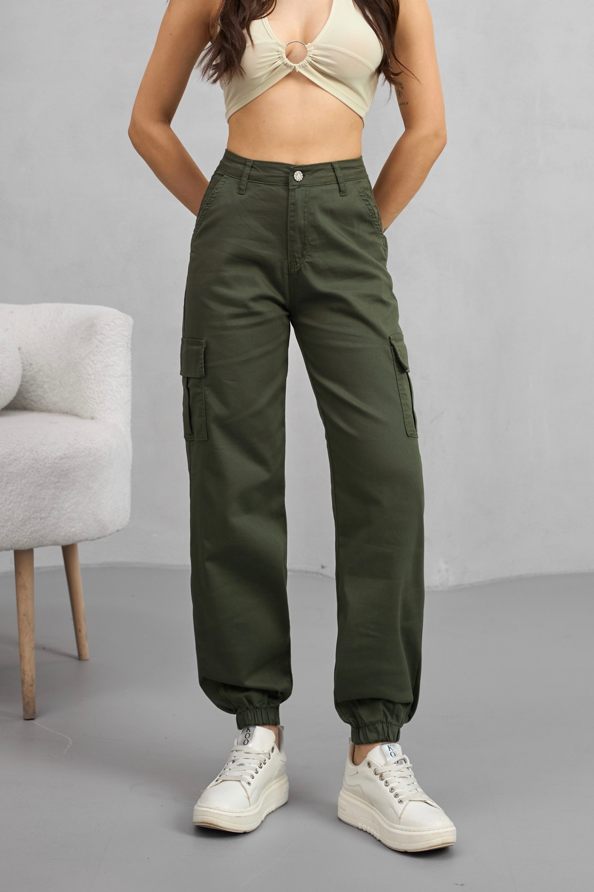 alanora  Kadın Yüksek Bel Paçası Lastikli Jogger Kargo Cep Pantolon - Görsel 4