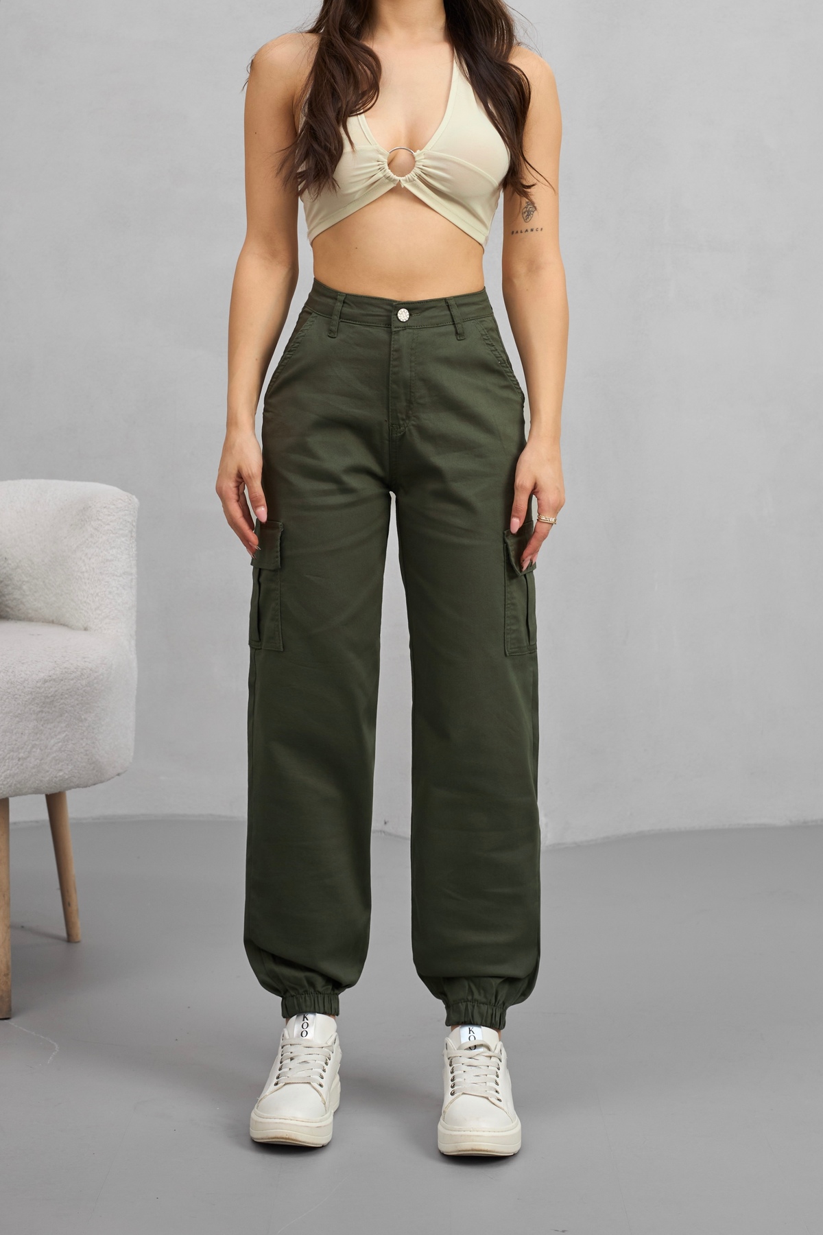 alanora  Kadın Yüksek Bel Paçası Lastikli Jogger Kargo Cep Pantolon - Görsel 2