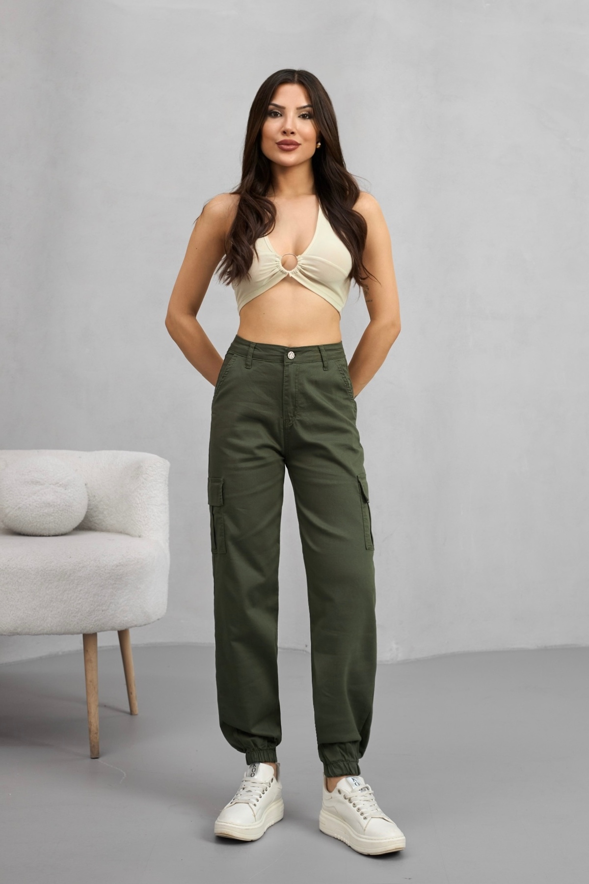 alanora  Kadın Yüksek Bel Paçası Lastikli Jogger Kargo Cep Pantolon - Görsel 7