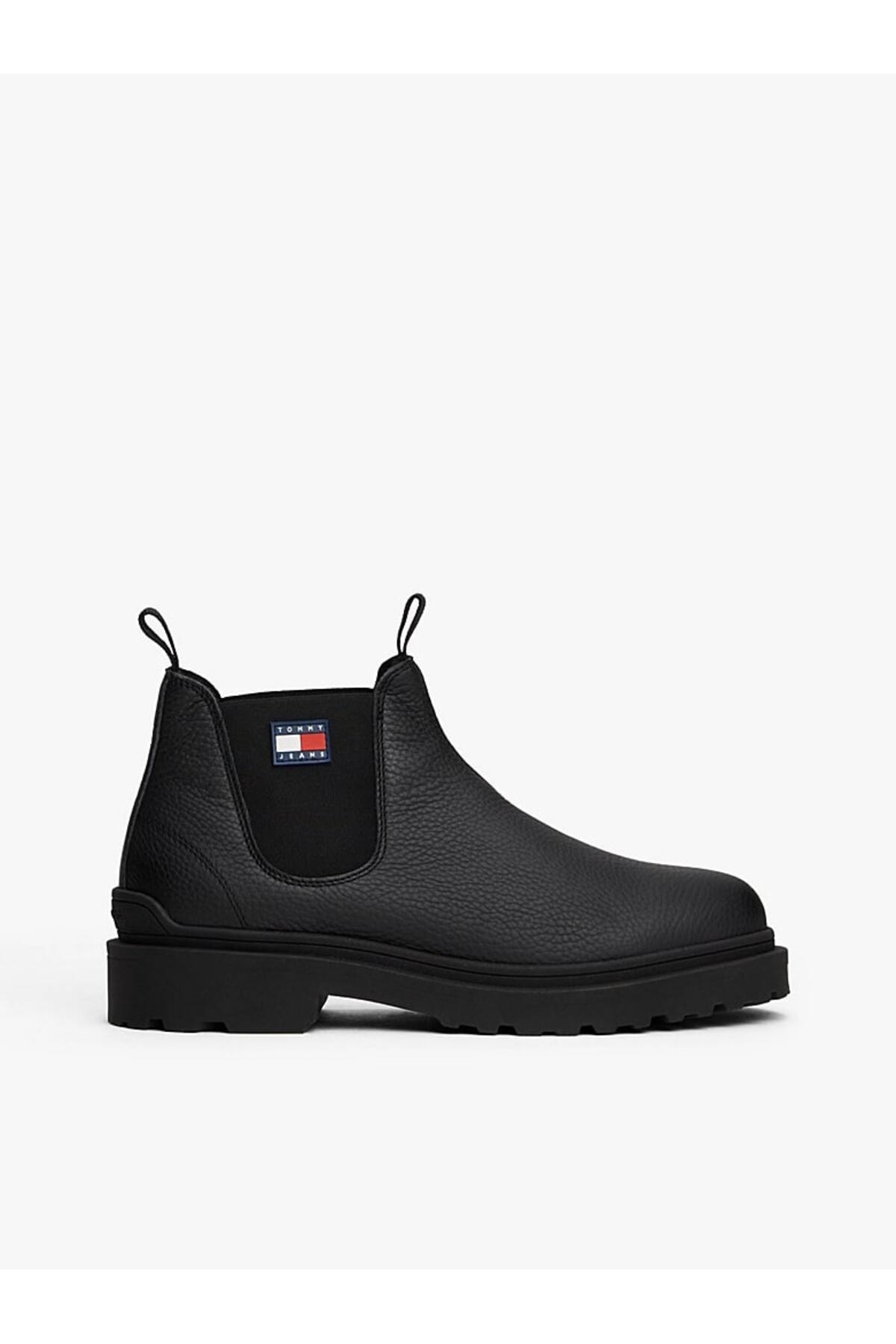 Tommy Hilfiger Erkek Toka Marka Logolu Deri Şık Tasarımlı Günlük Kullanıma Uygun Siyah Bot & Bootie