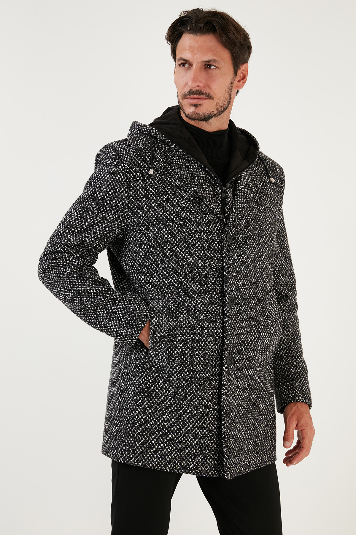 Buratti  Çıkarılabilir Kapüşonlu Kırçıllı Slim Fit Kaşe Kaban Erkek KABAN 5841013