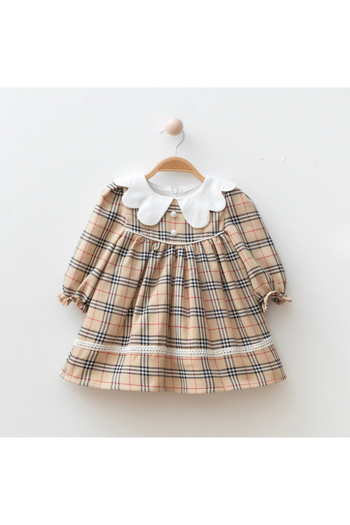 My Lusa Baby Arin Kız Bebek Kareli Dantelli Elbise Bej 9-24 Ay fotoğrafı 2 (önizleme)