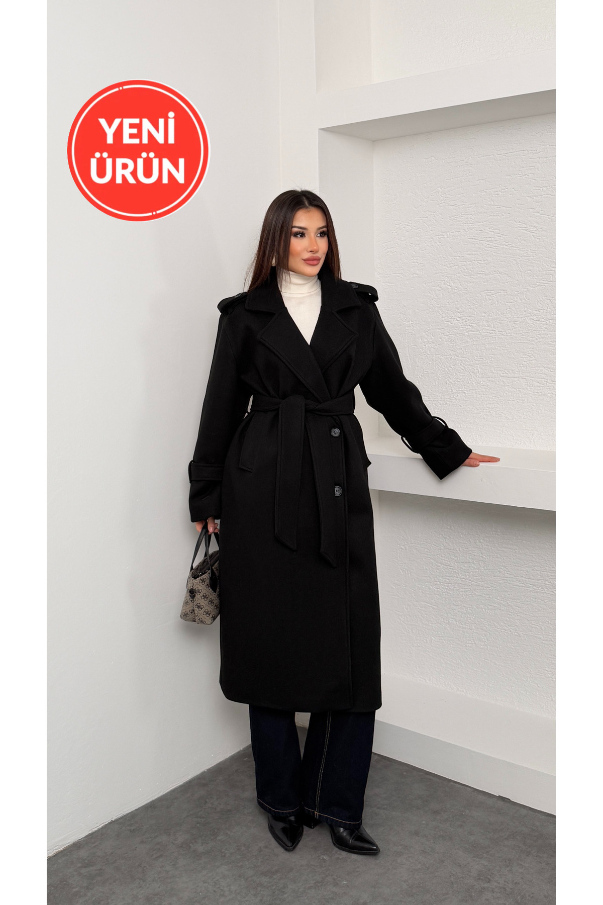 Perryes  Kadın Siyah Kaşe Kaban Uzun Kışlık Kuşaklı Şık Palto Mont