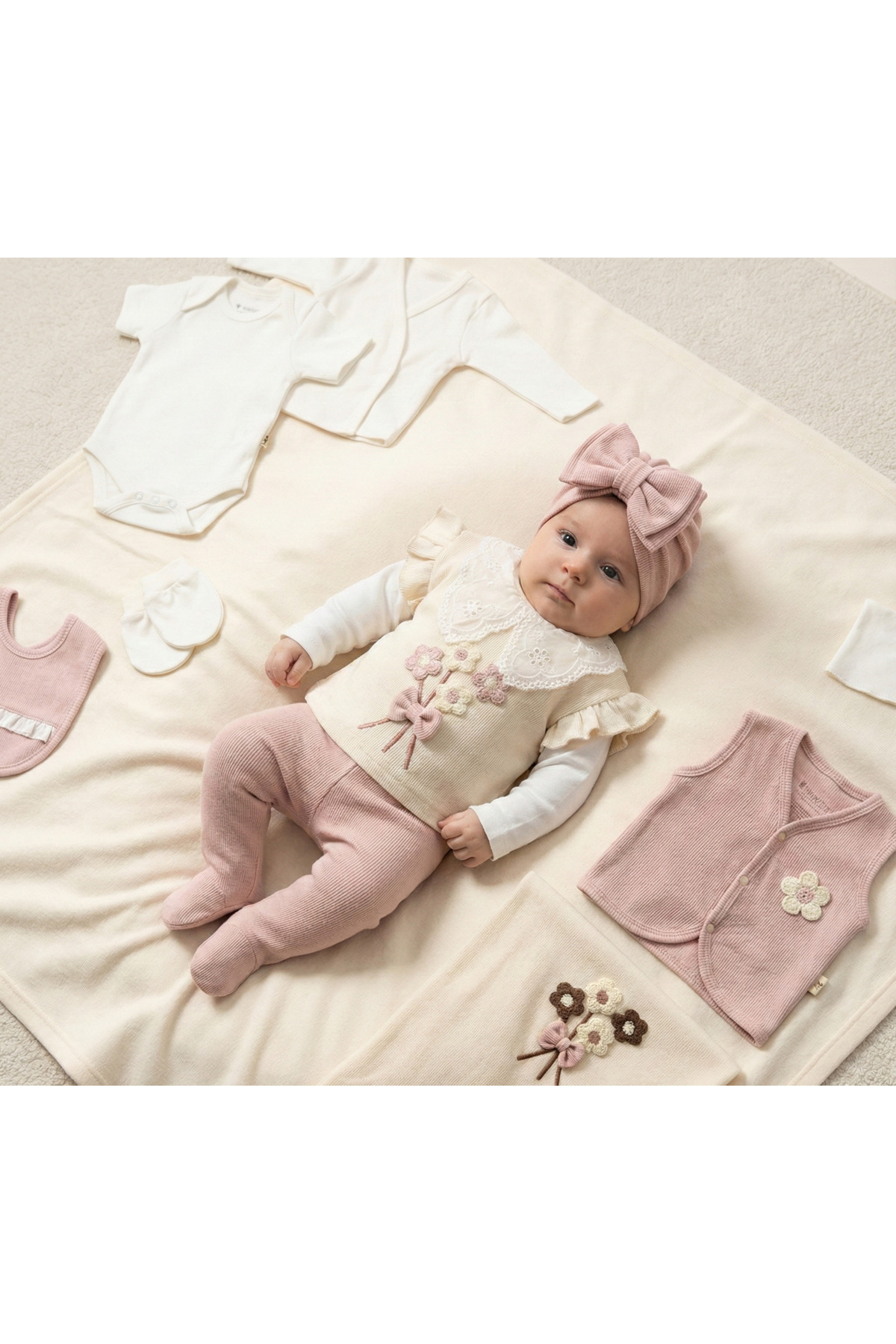 ZEYNUKO KIZ BEBEK DANTEL YAKALI ÇİÇEKLİ 0-3 AY 10'LU YENİDOĞAN