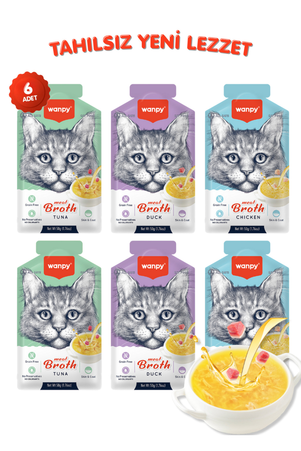 Wanpy Karışık Aromalı Tahılsız Kedi Çorbası 50gr x 6 Adet Sıvı Kedi Ödülü 3 Çeşit
