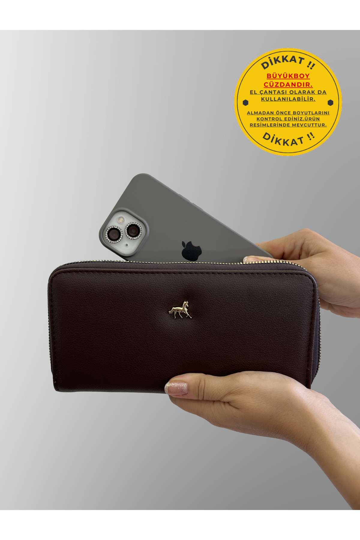 shiny ever Büyükboy Telefon Bölmeli Deri Kadın Cüzdan El Çantası Acı Kahverengi Gold Detaylı