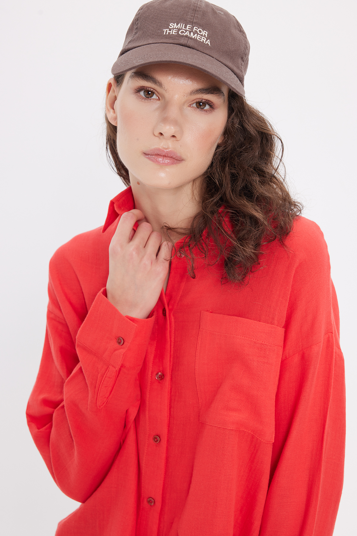 Women's Oversize Wide Cut 100% Cotton Muslin Fabric Long Sleeve Pocket Textured Pomegranate Shirt