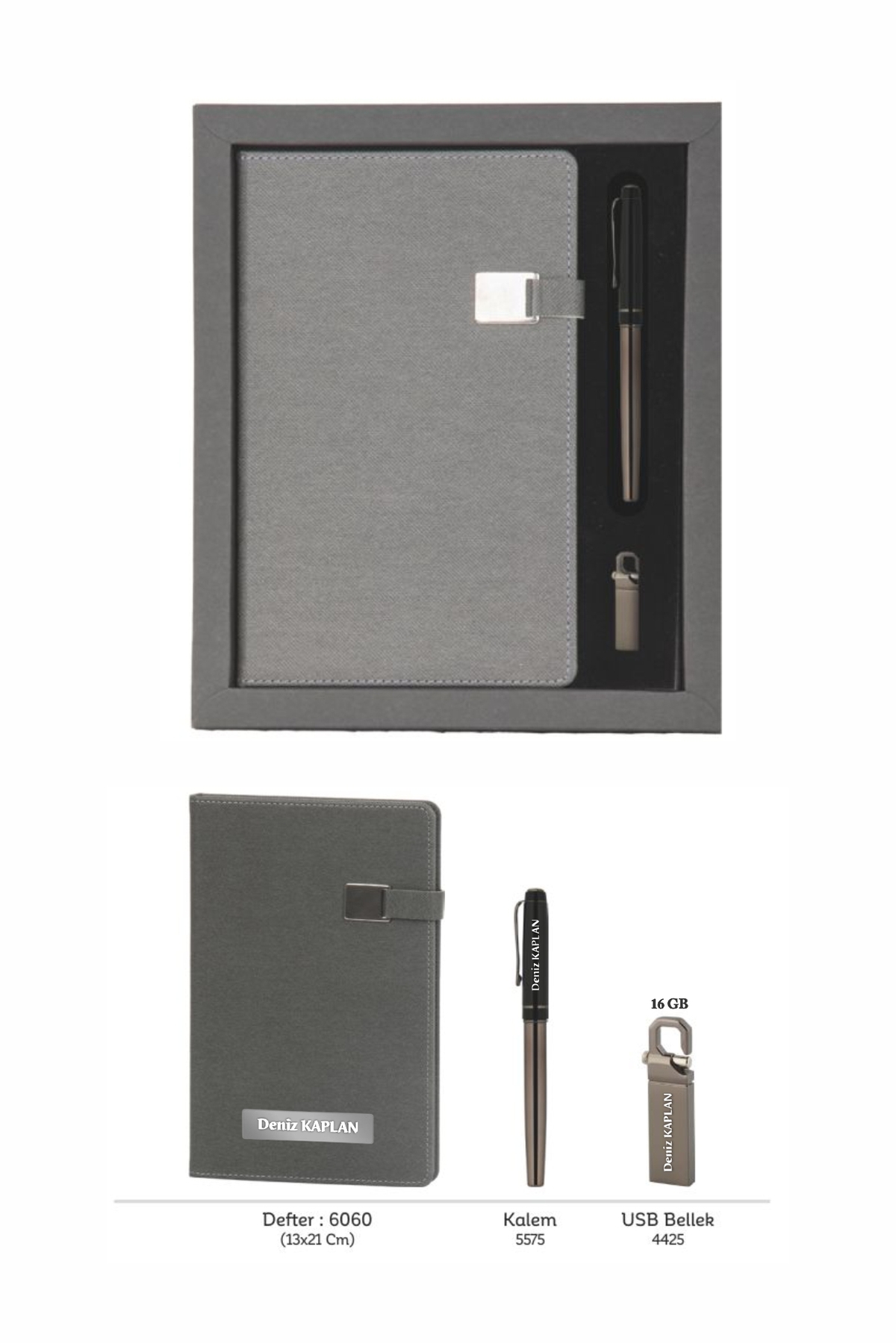 VIP Hediyelik Set - Defter, Kalem ve USB Bellek - (3’lü Kurumsal Hediye Seti) - 4080 FÜME