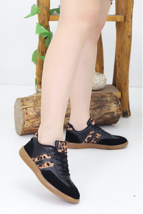 Emax Leopar Desenli Kadın Günlük Spor Ayakkabı – Siyah Rahat Tabanlı Sneaker