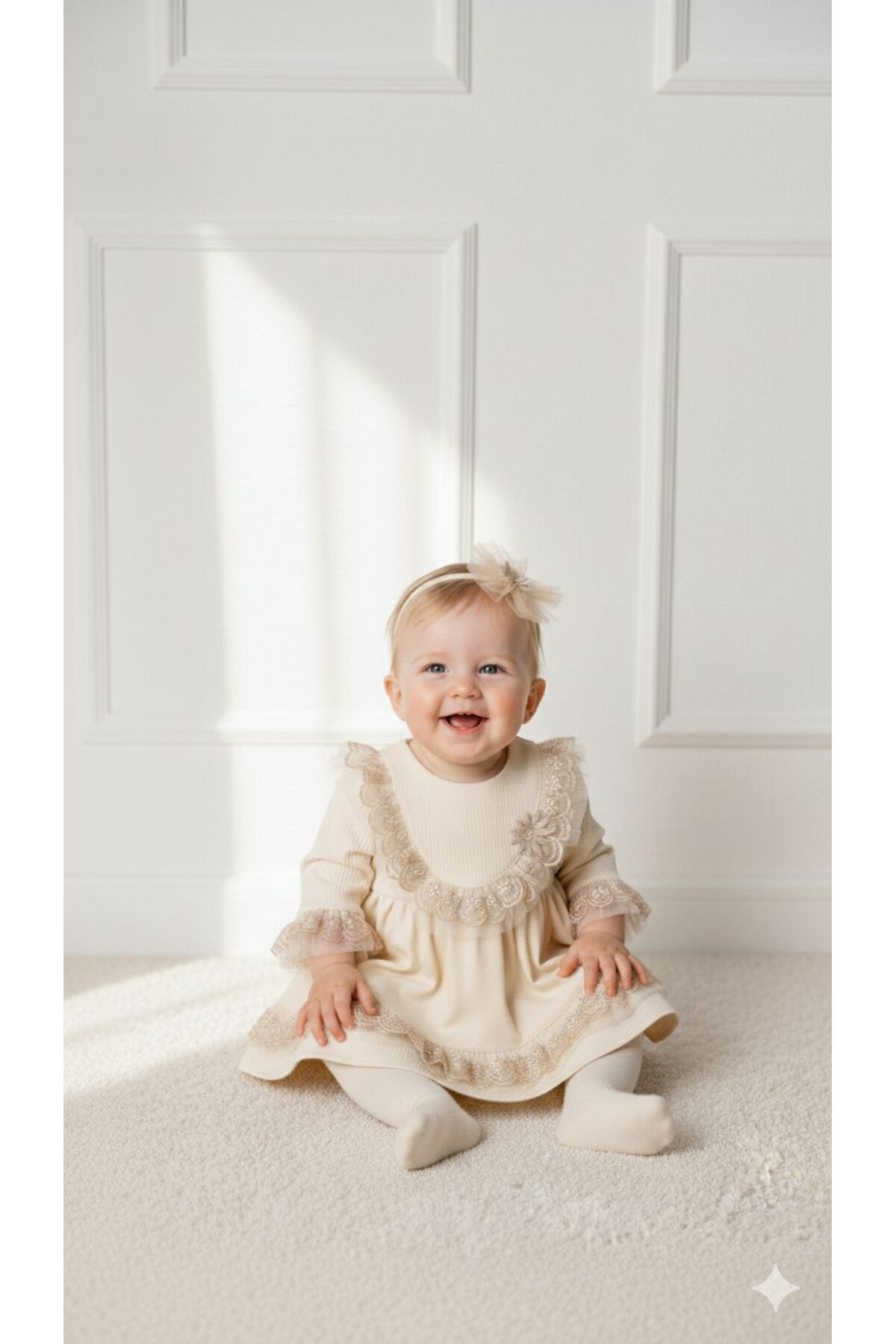 MİNİBORN YENİ DOĞAN KIZ UZUN KOLLU EKRU ÇİÇEKLİ FIRFIRLI ELBİSE SET fotoğrafı 2 (önizleme)