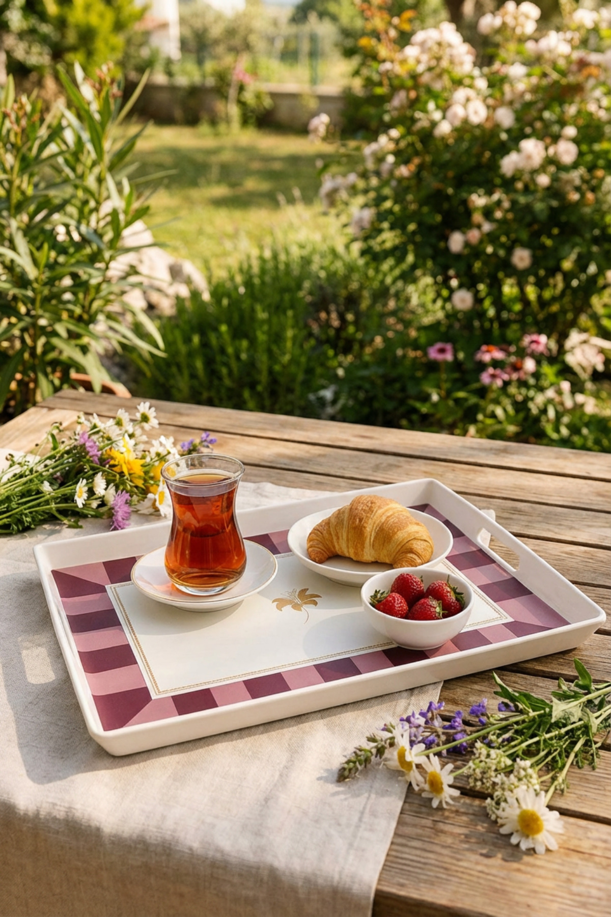 MAKRİ HOME Çizgili Desenli Servis Tepsisi 38x28x3,5 cm, Bordo