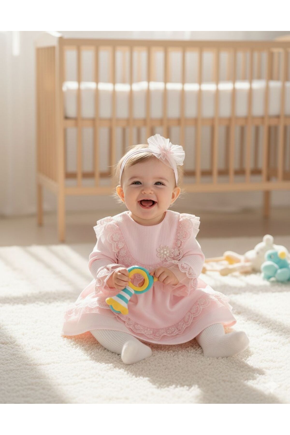 MİNİBORN Yeni doğan kız uzun kollu pembe çiçekli fırfırlı elbise set fotoğrafı 2 (önizleme)