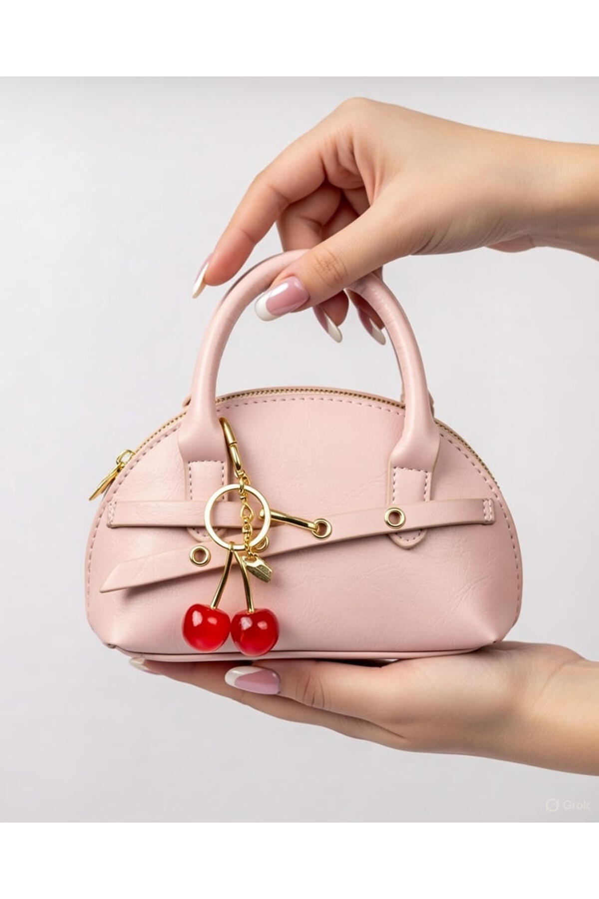 cantamella Şeker Pembe Jolie Kadın El Ve Omuz Çantası - Kiraz Charm Aksesuarlı Mini Bag