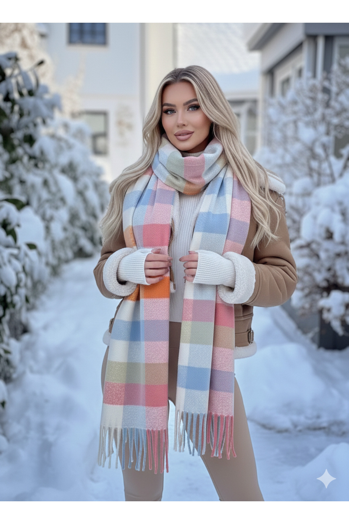 Luminos Butik Pembe Kare Desenli Püsküllü Kalın Sıcak Tutan Şık Kışlık Atkı Sal1292