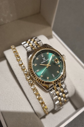 Daniel Klein YENİ MODEL DK - Sarı Bicolor Çelik Bilezik Yeşil Kadran Kadın Ko...