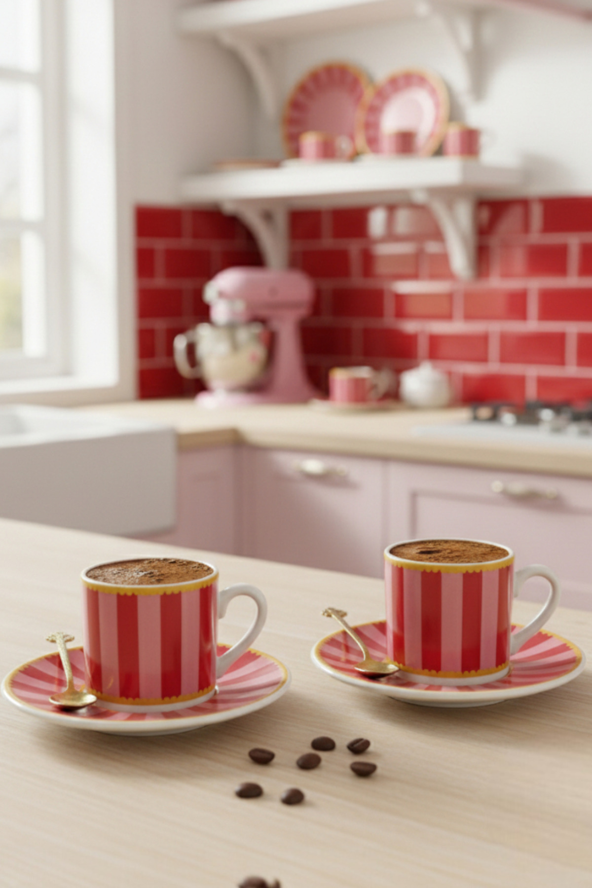 GÜLZE 2 Kişilik (4 Parça) Porselen LİNA Model Kahve Fincan Takımı (Özel tasarım, saf porselen)