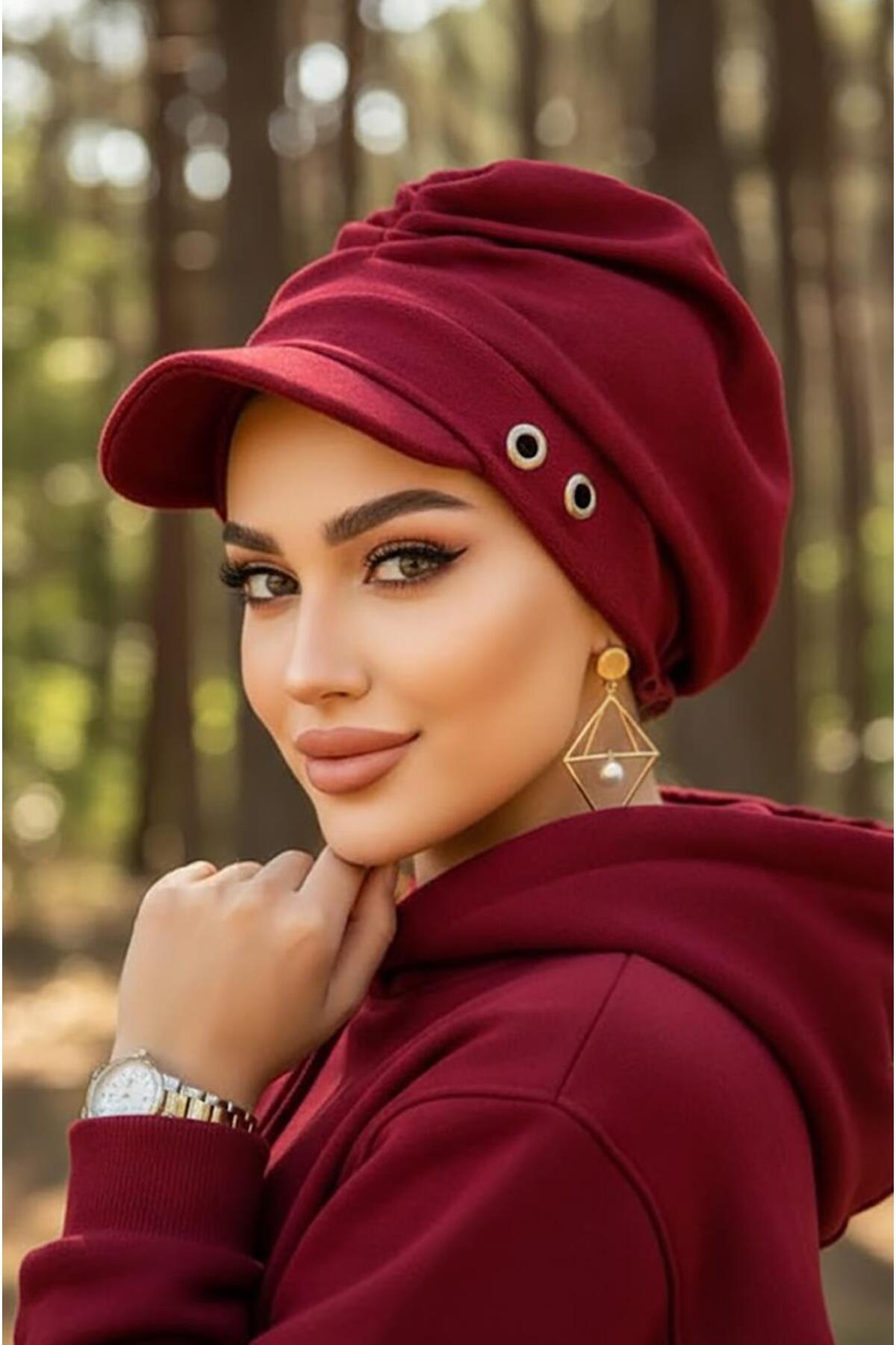 Aişe tesettür Bordo Metal Detaylı Tesettür Şapka Bone