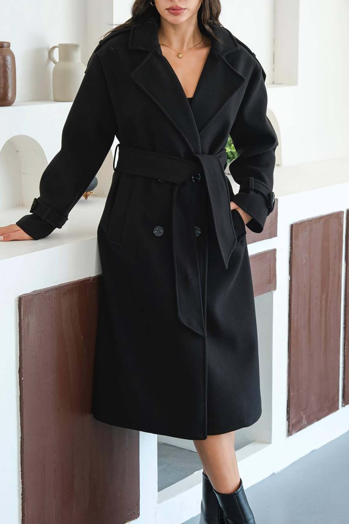 My Loore  Kadın Siyah Bağlama Detaylı Astarlı Salaş Kaşe Kaban MLB096 - Görsel 6