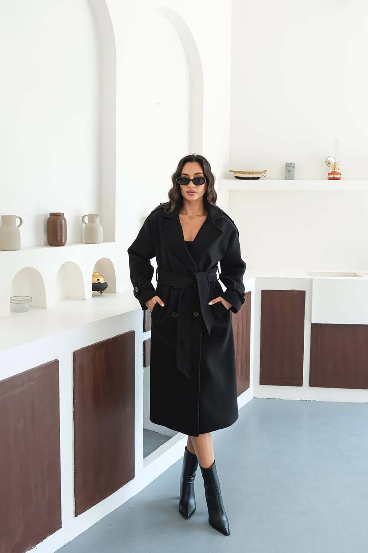 My Loore  Kadın Siyah Bağlama Detaylı Astarlı Salaş Kaşe Kaban MLB096 - Görsel 5