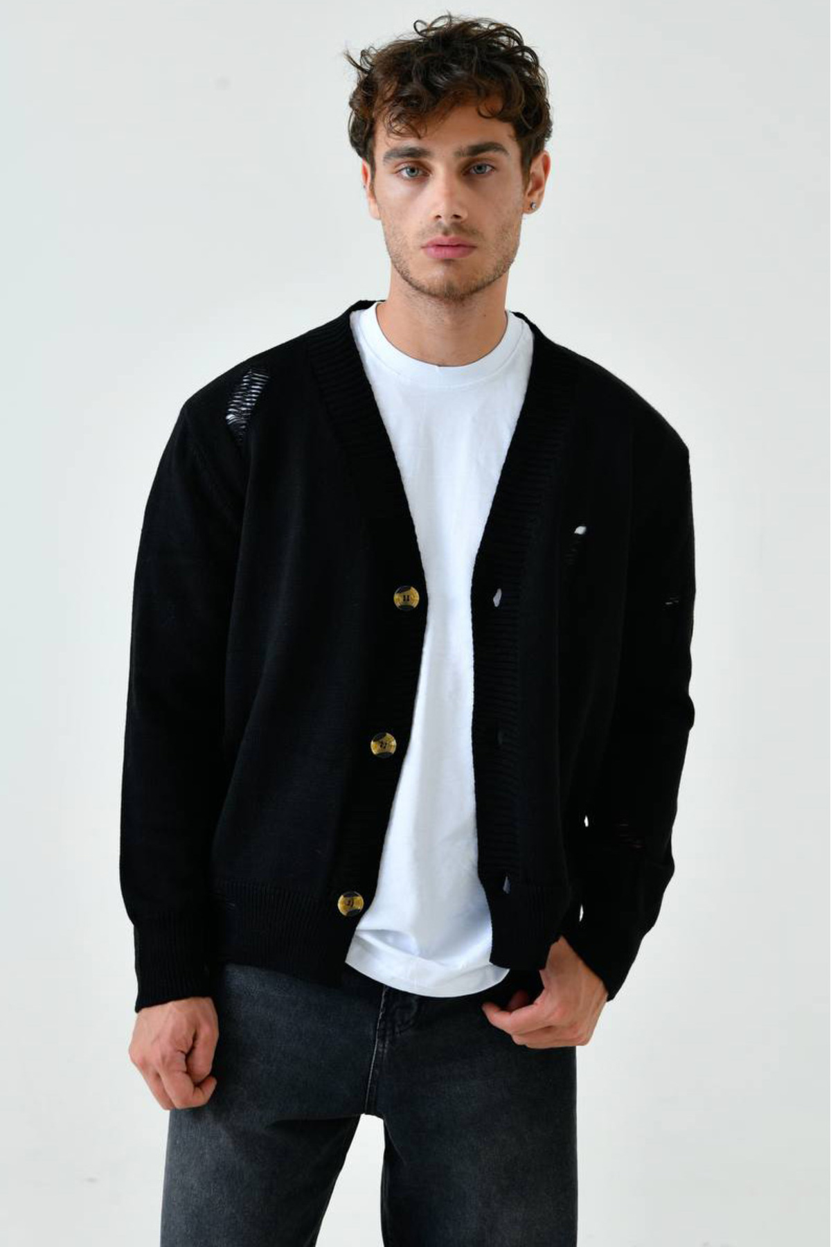 Duuf  Siyah Erkek Yırtık Detaylı Hırka