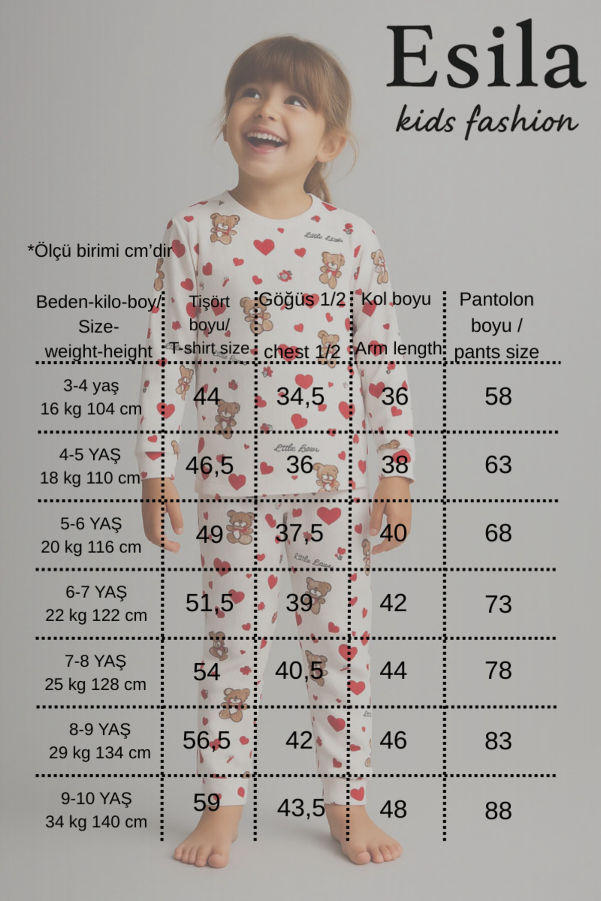 ESİLA KİDS Kız Çocuk Pijama Takımı Kalp Desenli Uzun Kollu Pamuklu 4-9 Yaş fotoğrafı 4 (önizleme)