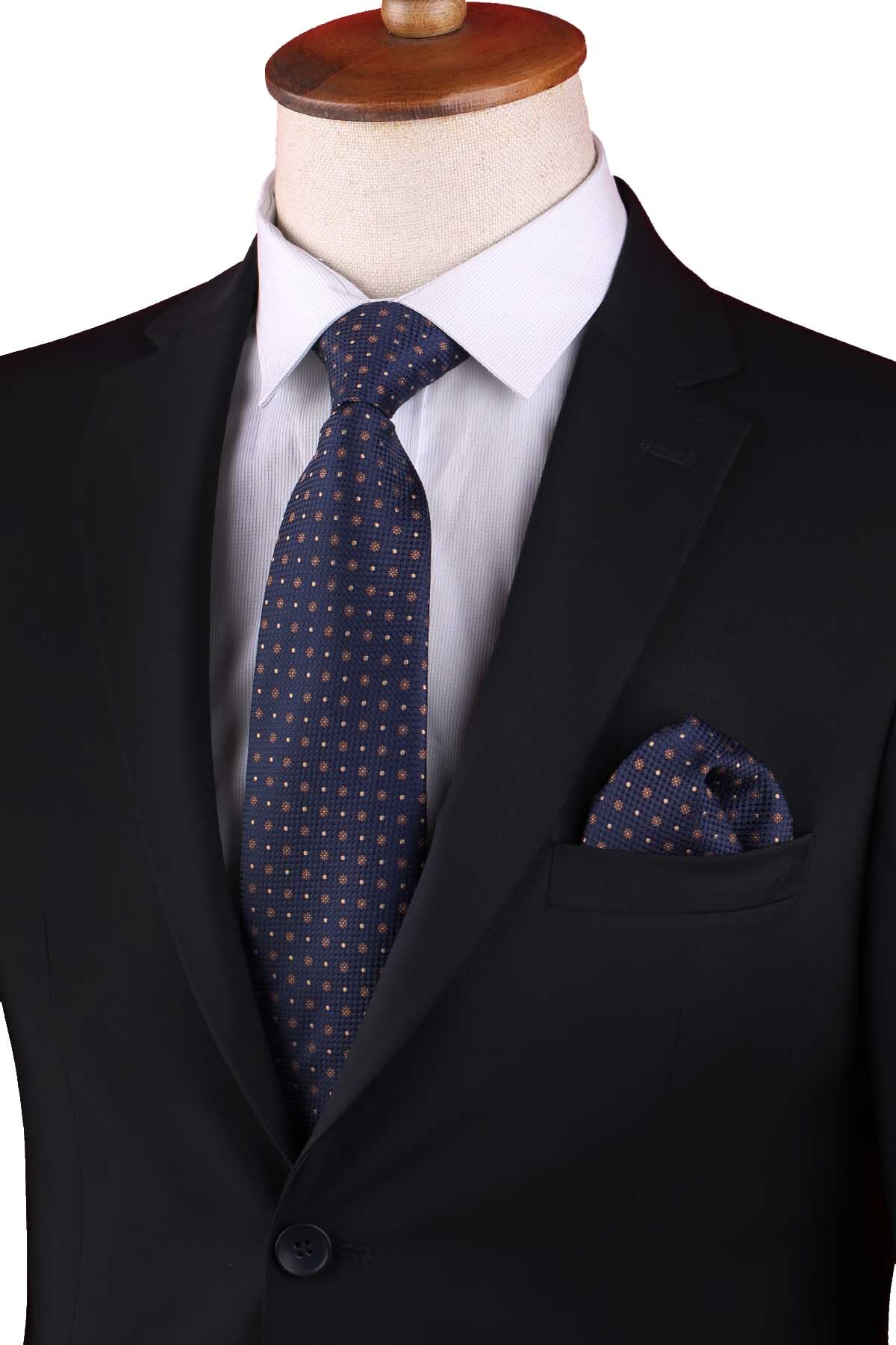 کراوات کلاسیک سرمه‌ای با دستمال جیبی کوچک طرح‌دار KK13139