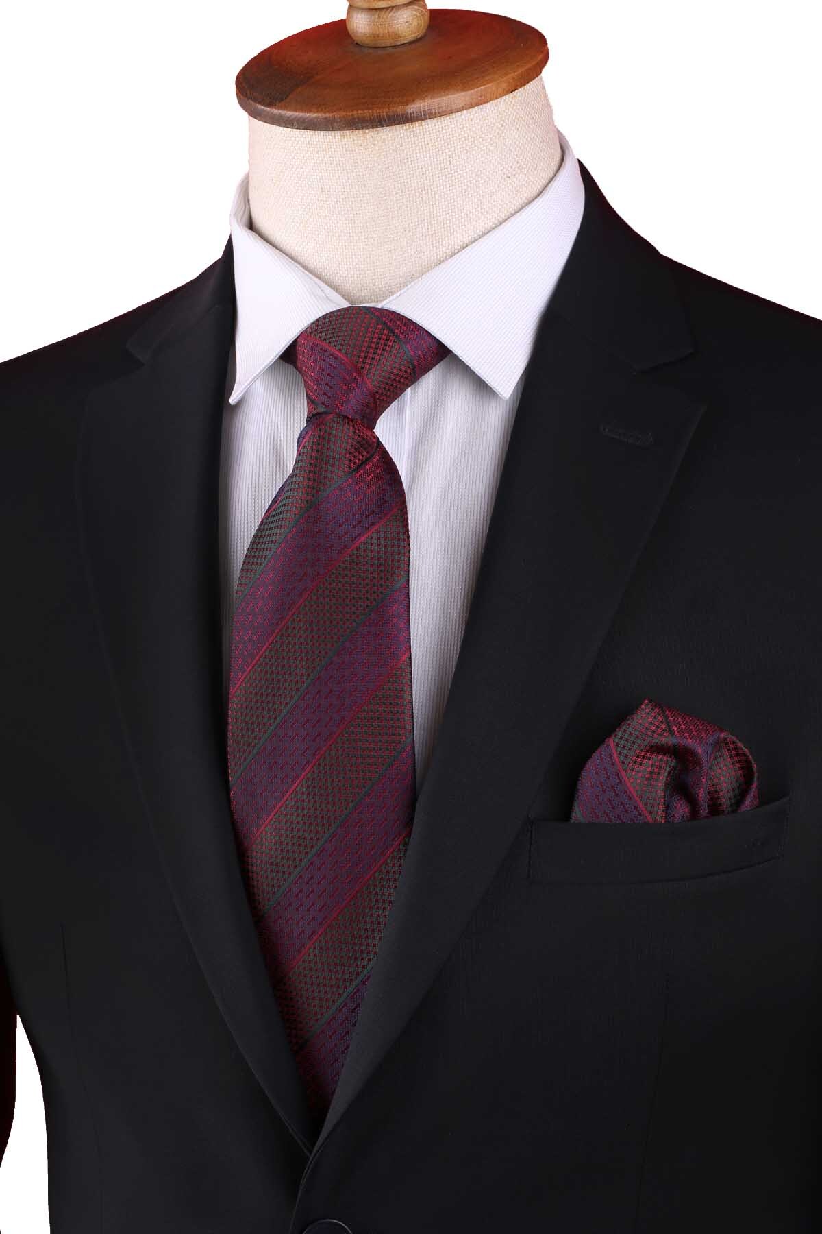  کراوات کلاسیک راه راه زرشکی با دستمال جیبی KK13147