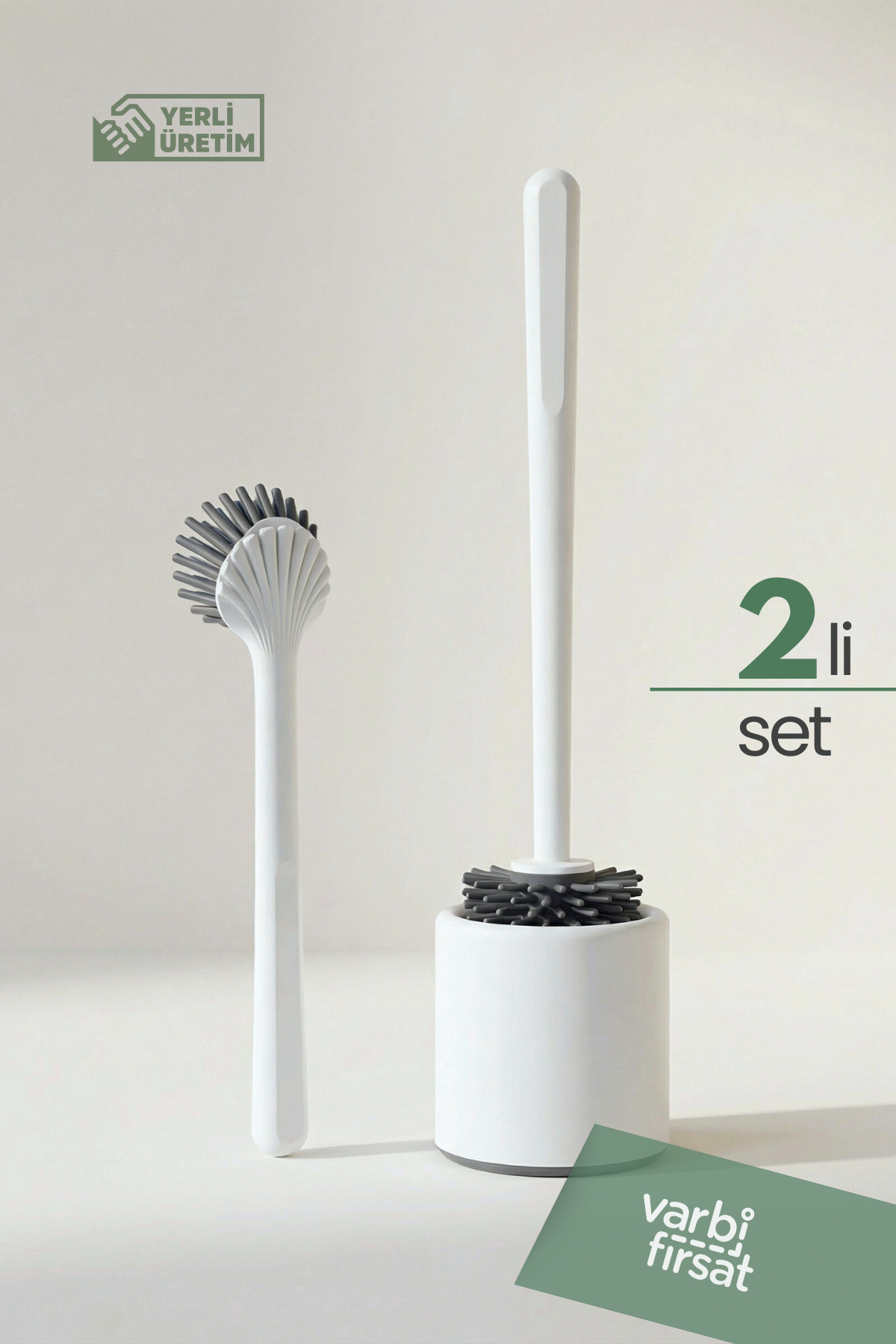 Varbifırsat 2 li Antibakteriyel Silikon Uçlu Tuvalet -Klozet WC Fırçası ve Bulaşık Fırçası Seti