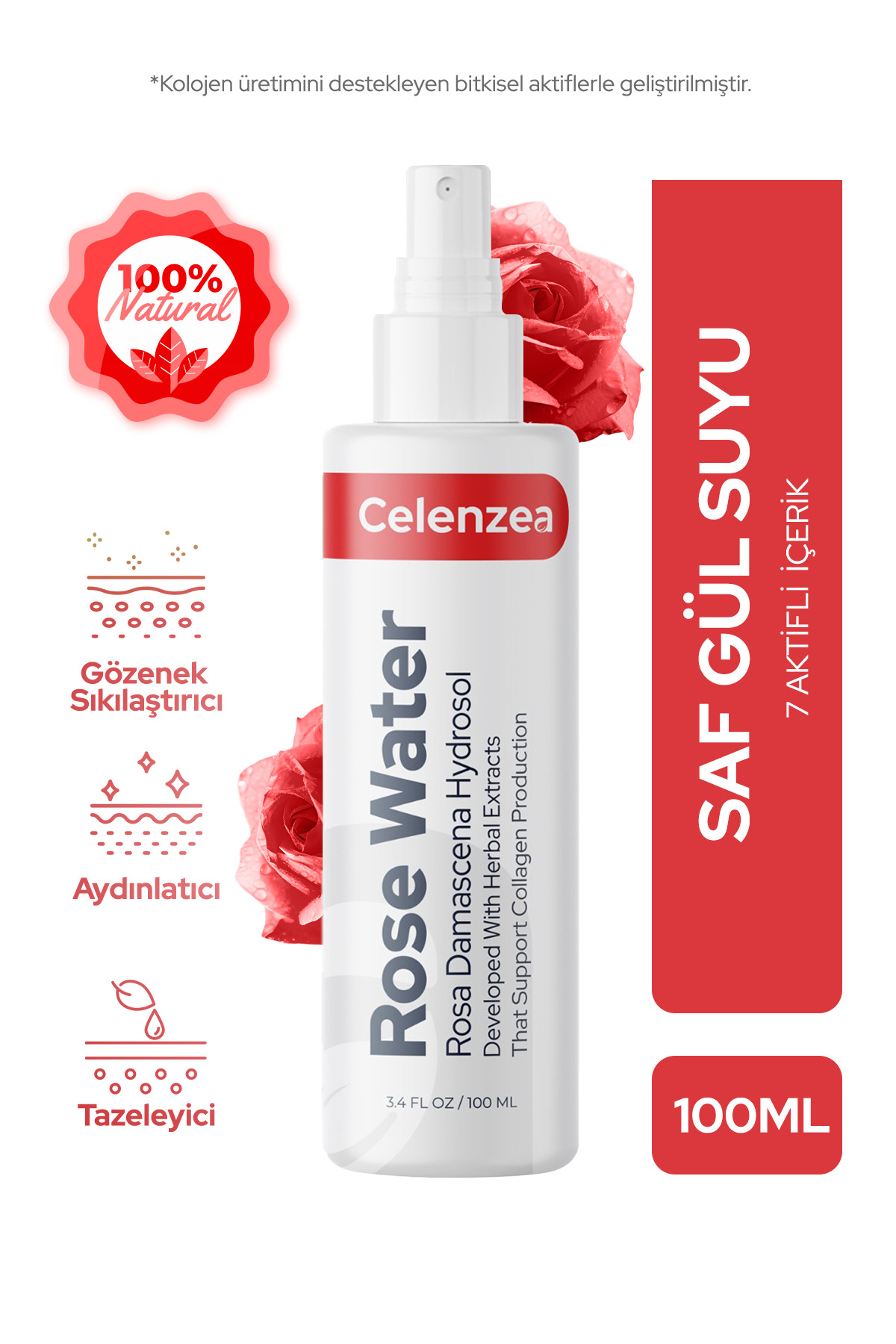 Celenzea Gül Suyu Gözenek Sıkılaştırıcı Aydınlatıcı ve Tazeleyici Tonik Saf Gül Mayası Rose Water 100ml — AFLY100ML10