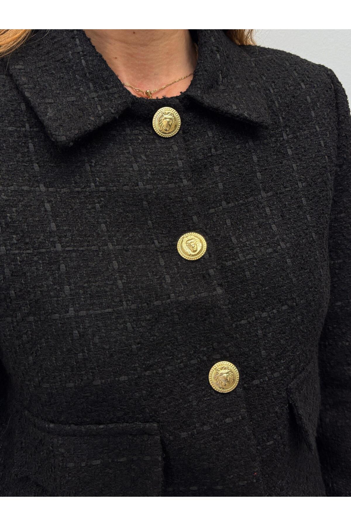 MALDİA SHOP  Kadın Dore Düğmeli Blazer Siyah Tüvit Ceket - Görsel 4