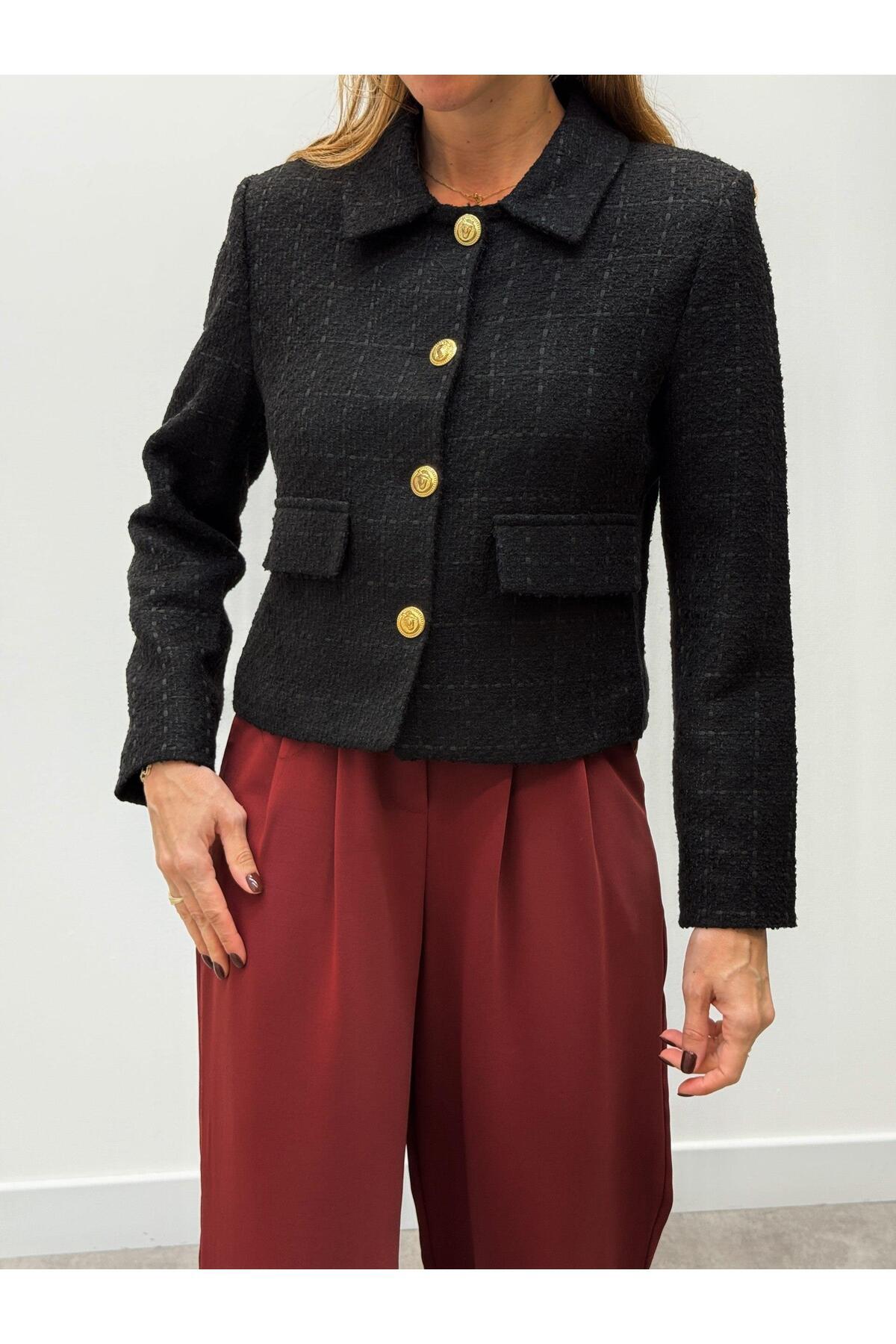 MALDİA SHOP  Kadın Dore Düğmeli Blazer Siyah Tüvit Ceket - Görsel 5
