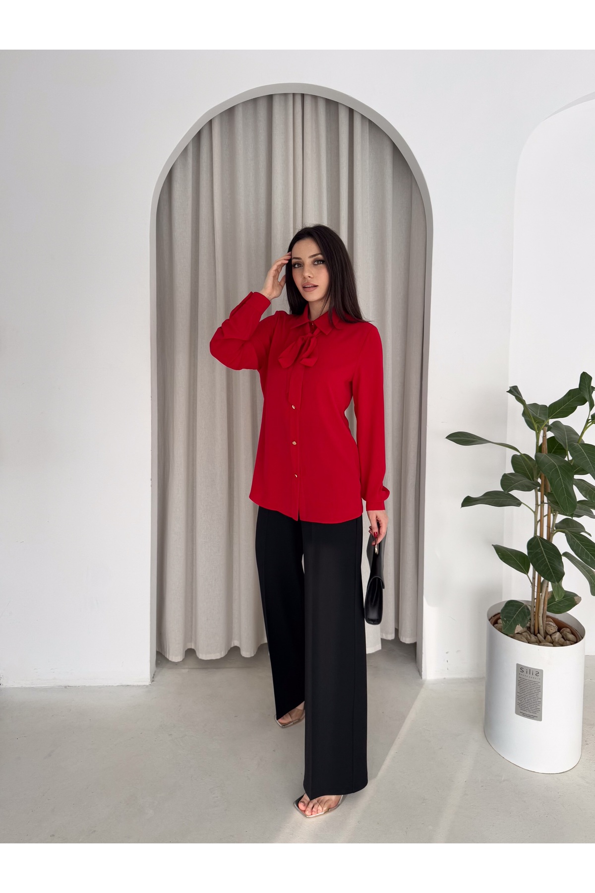 VUNTAL  Kravatlı Metal Düğmeli Şık Gömlek - Görsel 4