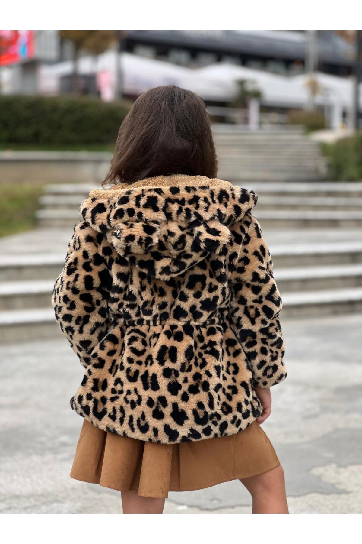 Calisa Kız Çocuk Leopar Kürklü Peluş Kaban - 3/12 Yaş - Kışlık Mont fotoğrafı 4 (önizleme)