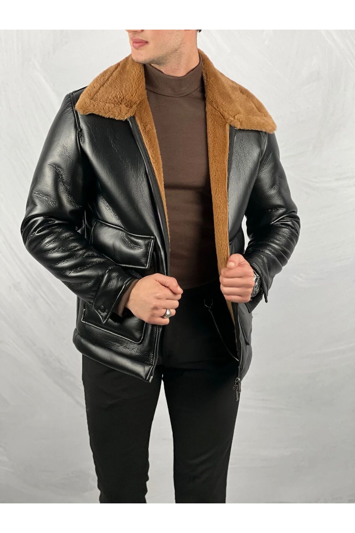 MODEFENDİ  Erkek Siyah Torba Cep Full Kürk Yaka Kahve Kürk Detaylı Deri Mont - Görsel 2