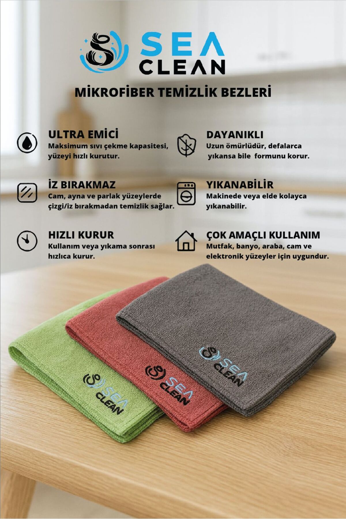 SEA CLEAN Mikrofiber mutfak temizlik bezi 40x40cm koku yapmaz,leke