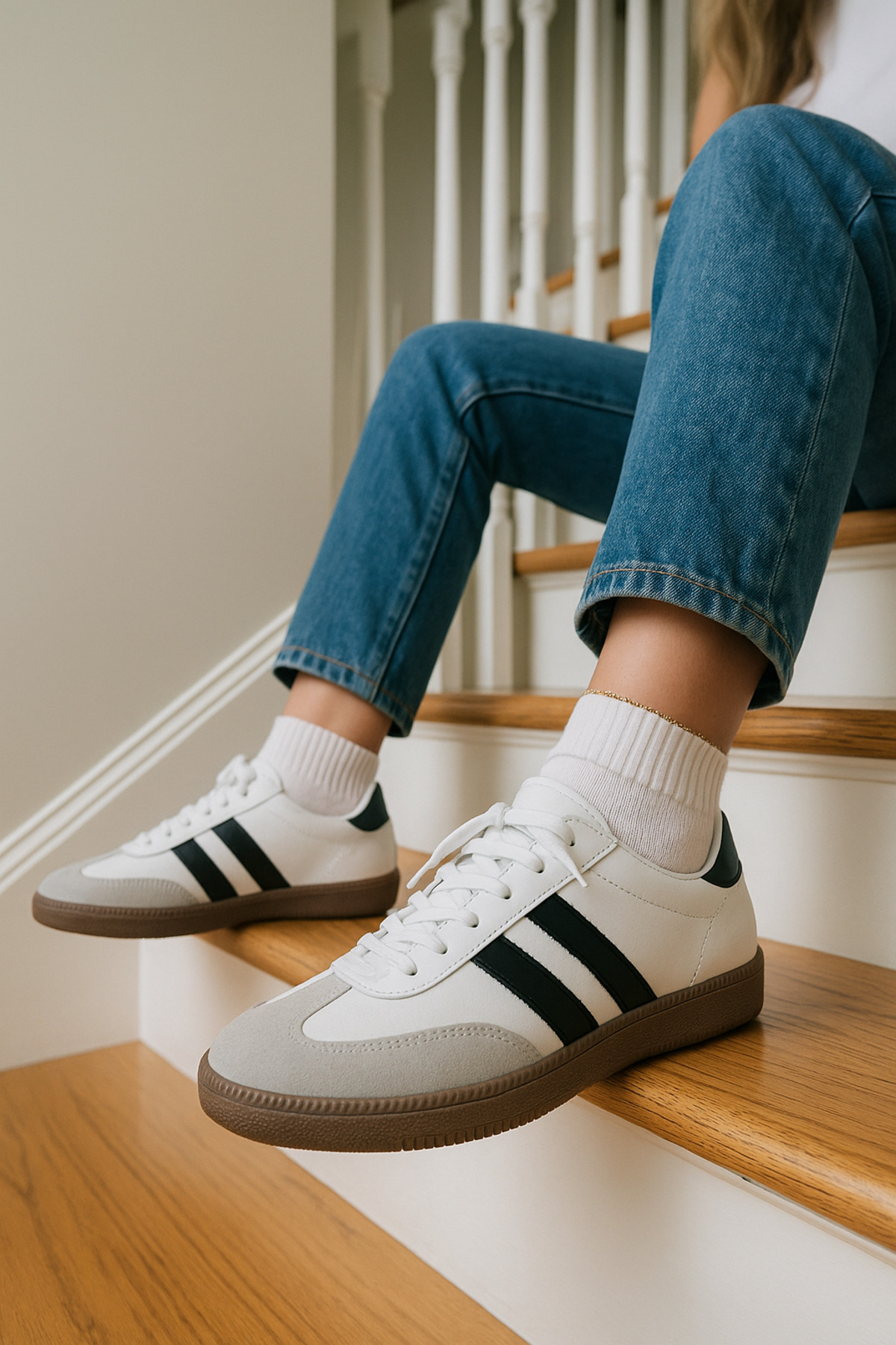 N MODA  Unisex Beyaz Siyah Termo Taban Yanı Şeritli Bağcıklı Spor Ayakkabı Sneaker