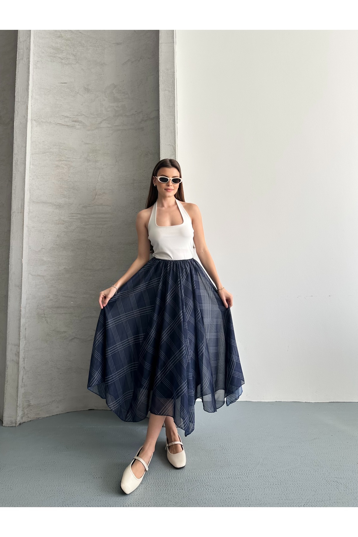 DUAS & CO Ekose Desenli Asimetrik Şifon Etek