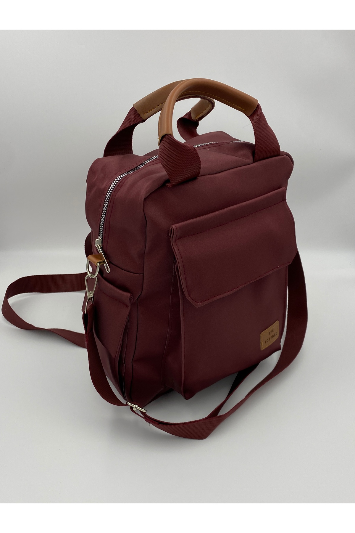 Burgundy Lossa Bordo Yumuşak Saten Deri EL Omuz ve Sırt Çantası