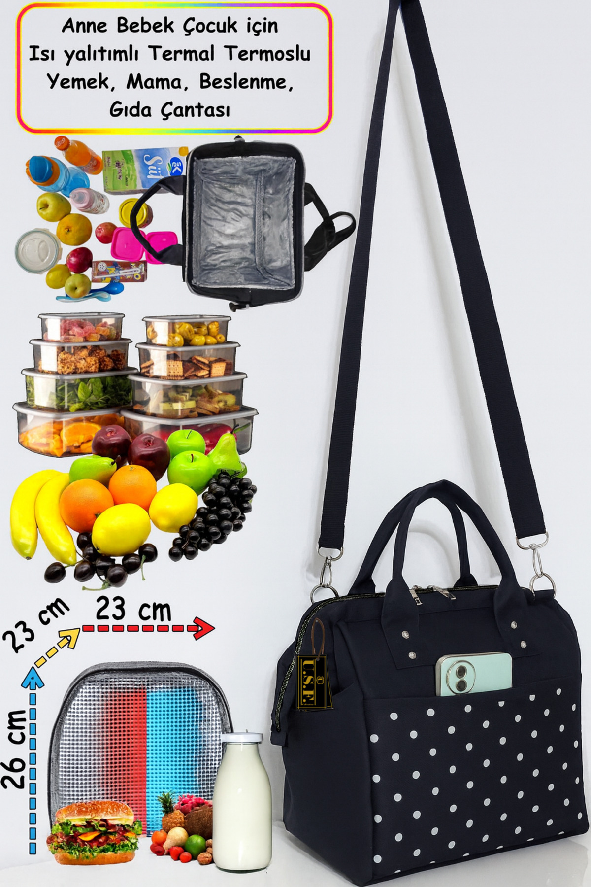 USF Anne Bebek Askılı Taşıma Çantası Isı yalıtımlı Termal Termoslu Yemek, Mama, Beslenme, Gıda Çantası fotoğrafı 2 (önizleme)