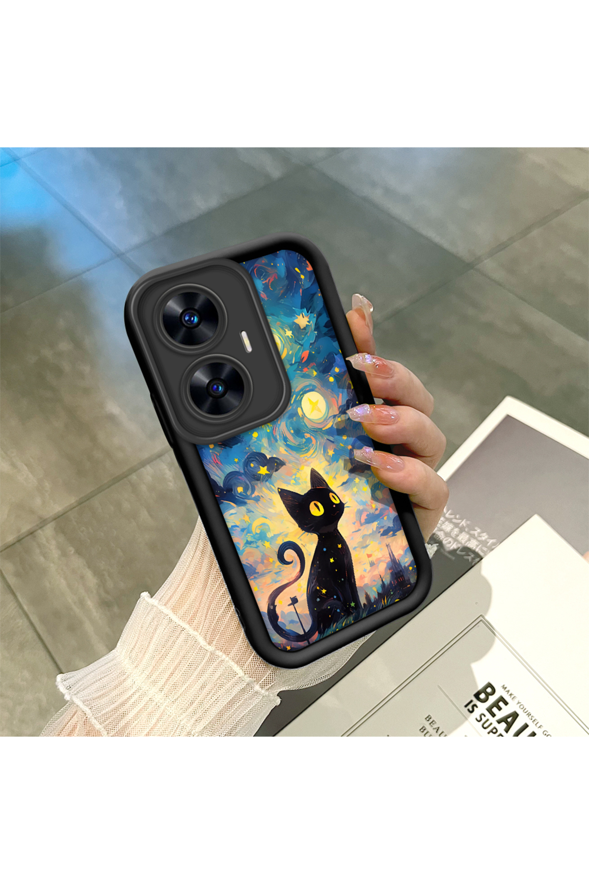 Realme C55 Compatible Black Silicone Cat Shock Absorbing Phone Case