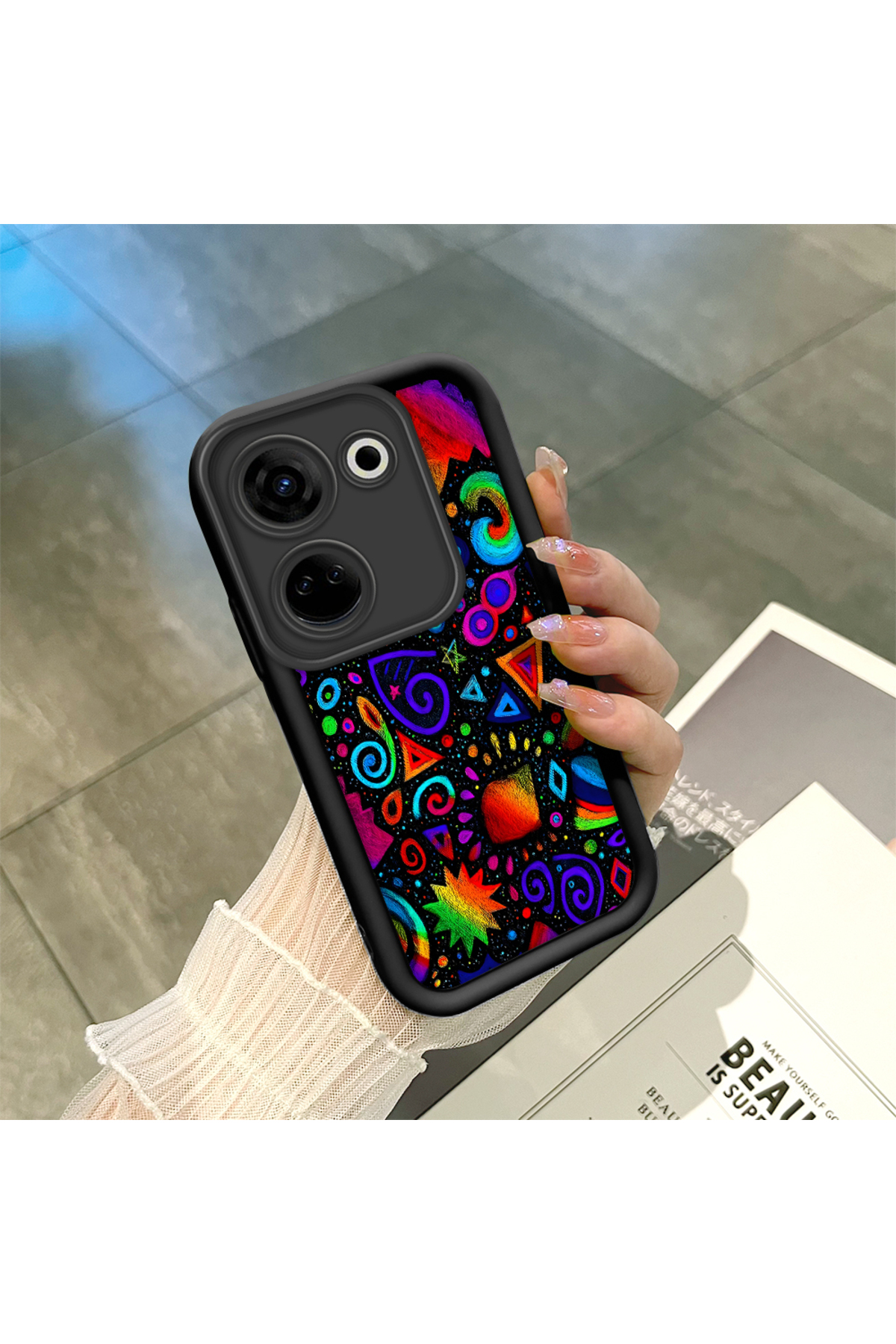Tecno Camon 20 Pro 4G Compatible Black Silicone Graffiti Patterned Lens Protection Phone Case