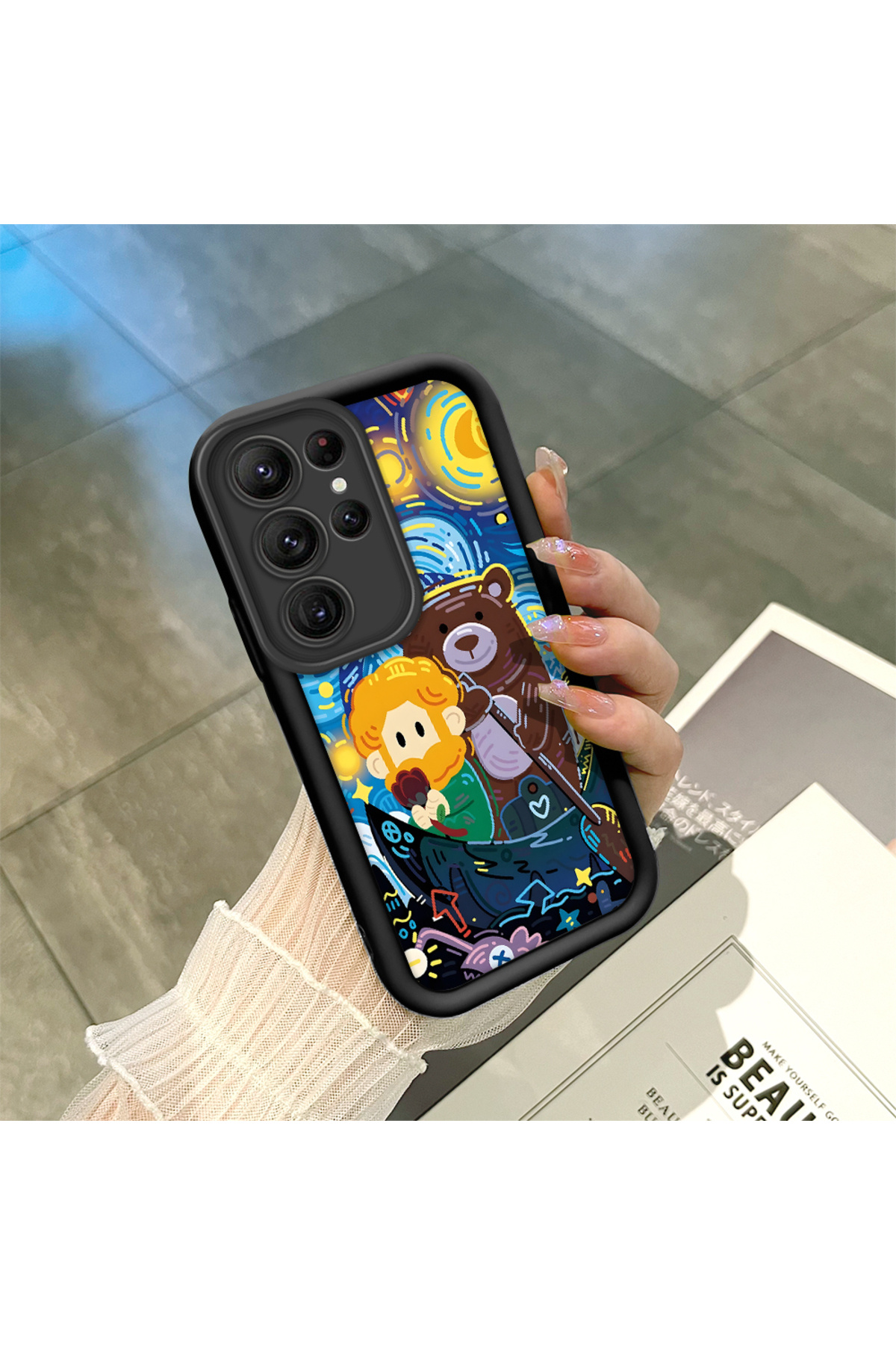 Samsung Galaxy S22 Ultra Compatible Black Silicone Van Gogh Star Night Pattern Anti-Slip Phone Case