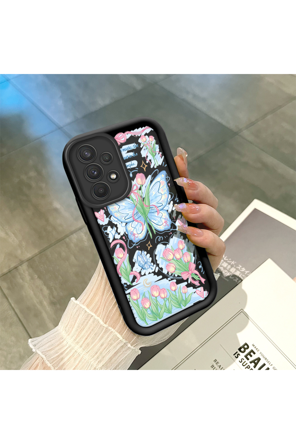 Samsung Galaxy A32 Compatible Black Silicone Zambaq and Butterfly Patterned Elegant Styles Phone Case