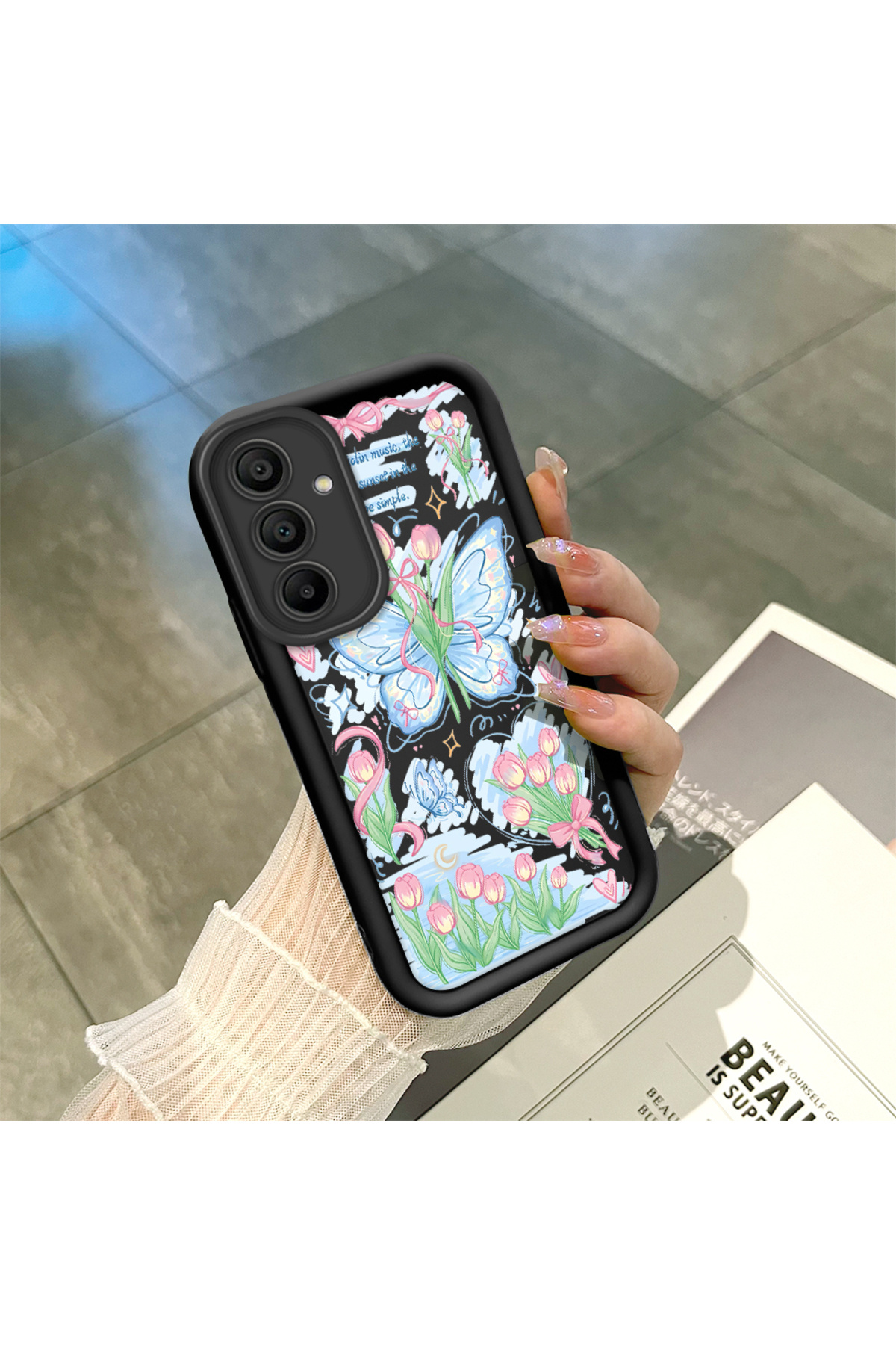 Samsung Galaxy A15 Compatible Black Silicone Zambaq and Butterfly Patterned Elegant Styles Phone Case