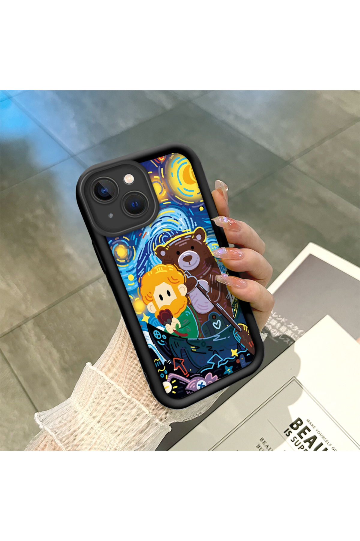 iPhone 15 Compatible Black Silicone Van Gogh Star Night Pattern Anti-Slip Phone Case