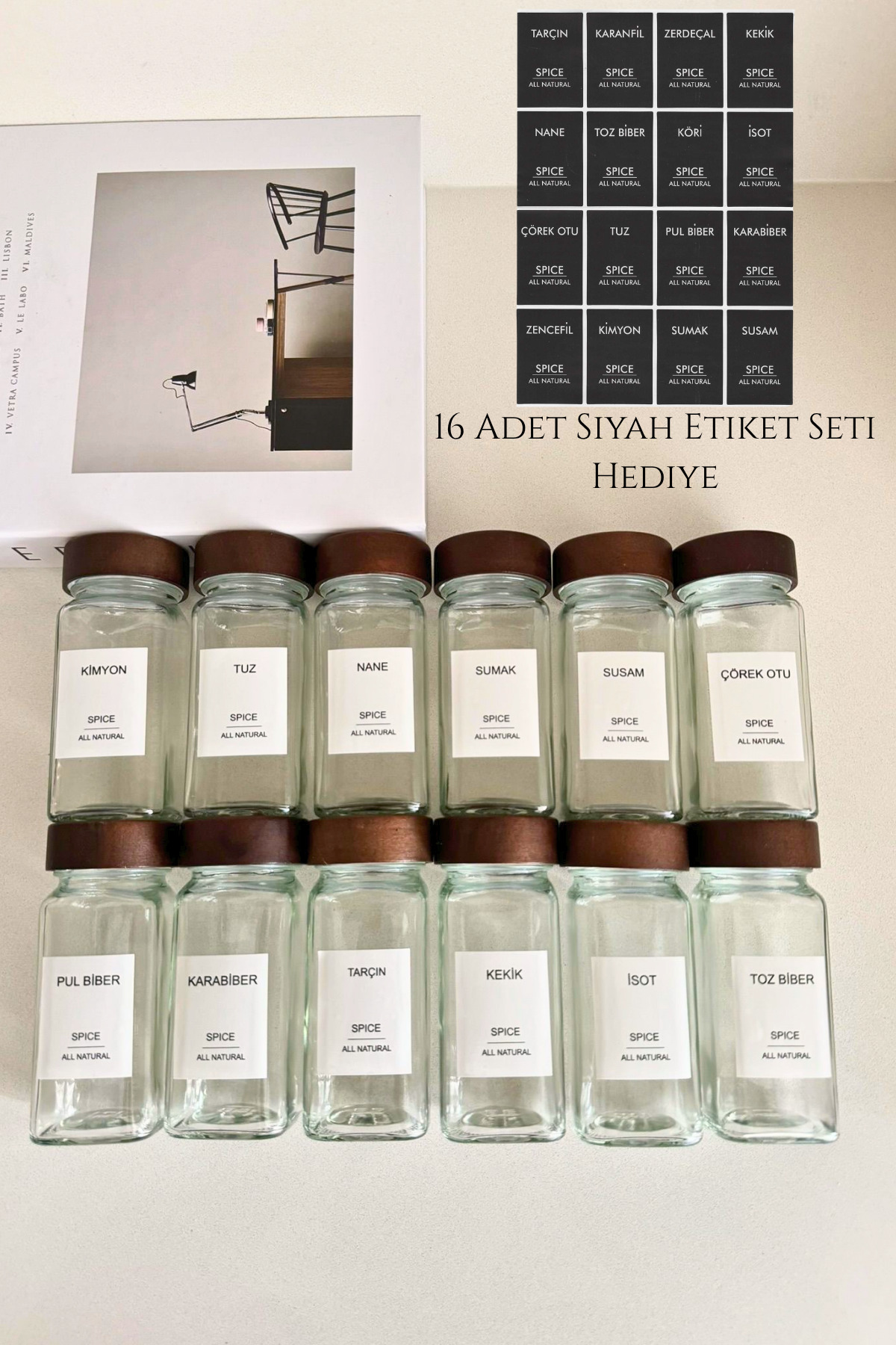 12 Pieces Acacia Glass Spice Holder Set with Lid ( 32 Pieces with Label Gift )