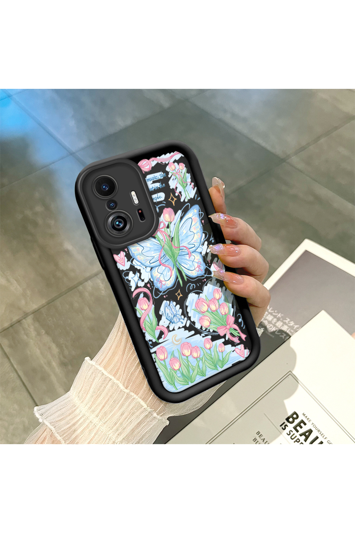 Xiaomi Mi 11T Pro/Mi 11T Compatible Black Silicone Zambaq and Butterfly Pattern Elegant Styles Case