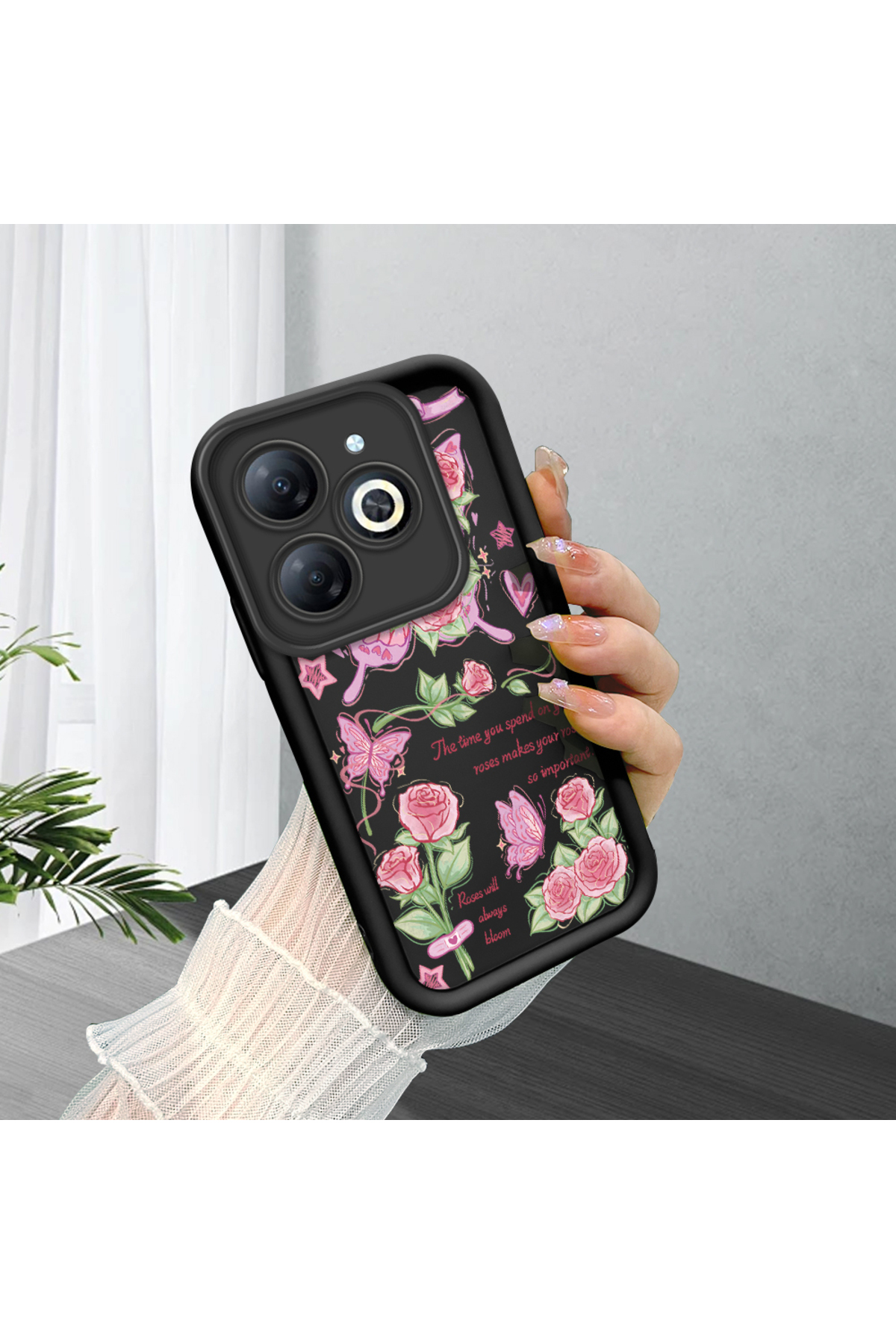 Infinix Smart 8 Compatible Black Silicone Rose and Butterfly Patterned Elegant Phone Case