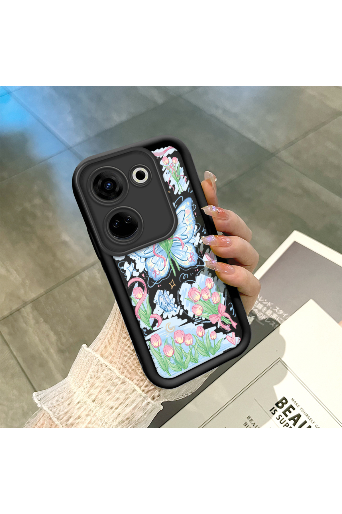 Tecno Camon 20 Pro 4G Compatible Black Silicone Zambaq and Butterfly Patterned Elegant Styles Phone Case