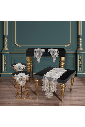 Ceki Home Zarif 5 parça tül nakış işlemeli salon takımı